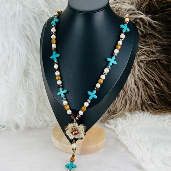 Beautiful weighted bohemian chic long statement necklace